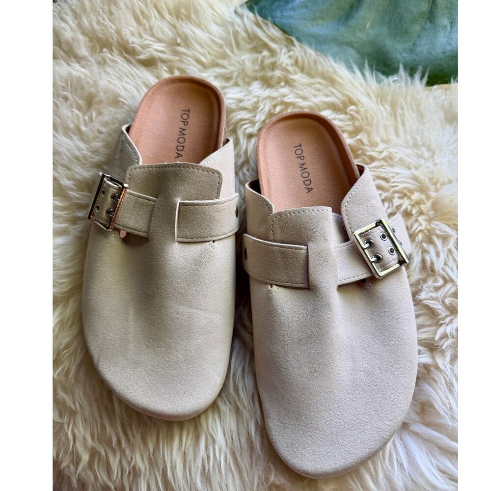 Neutral Suede-Style Buckle Mules - Top Moda (Size 6.5)